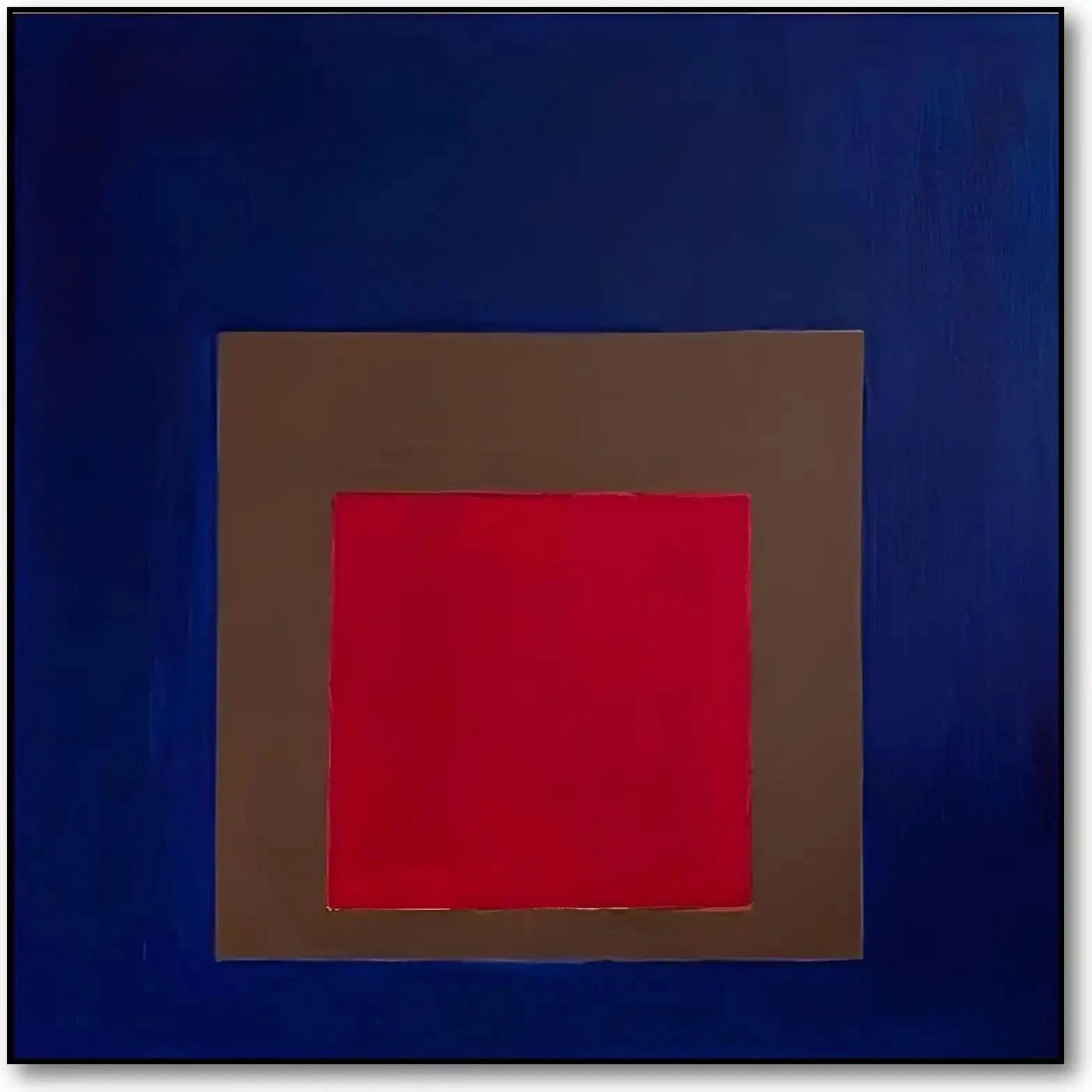Tableau géométrique avec carré rouge vibrant, encadré de brun et bleu profond, créant une ambiance mystérieuse et captivante.