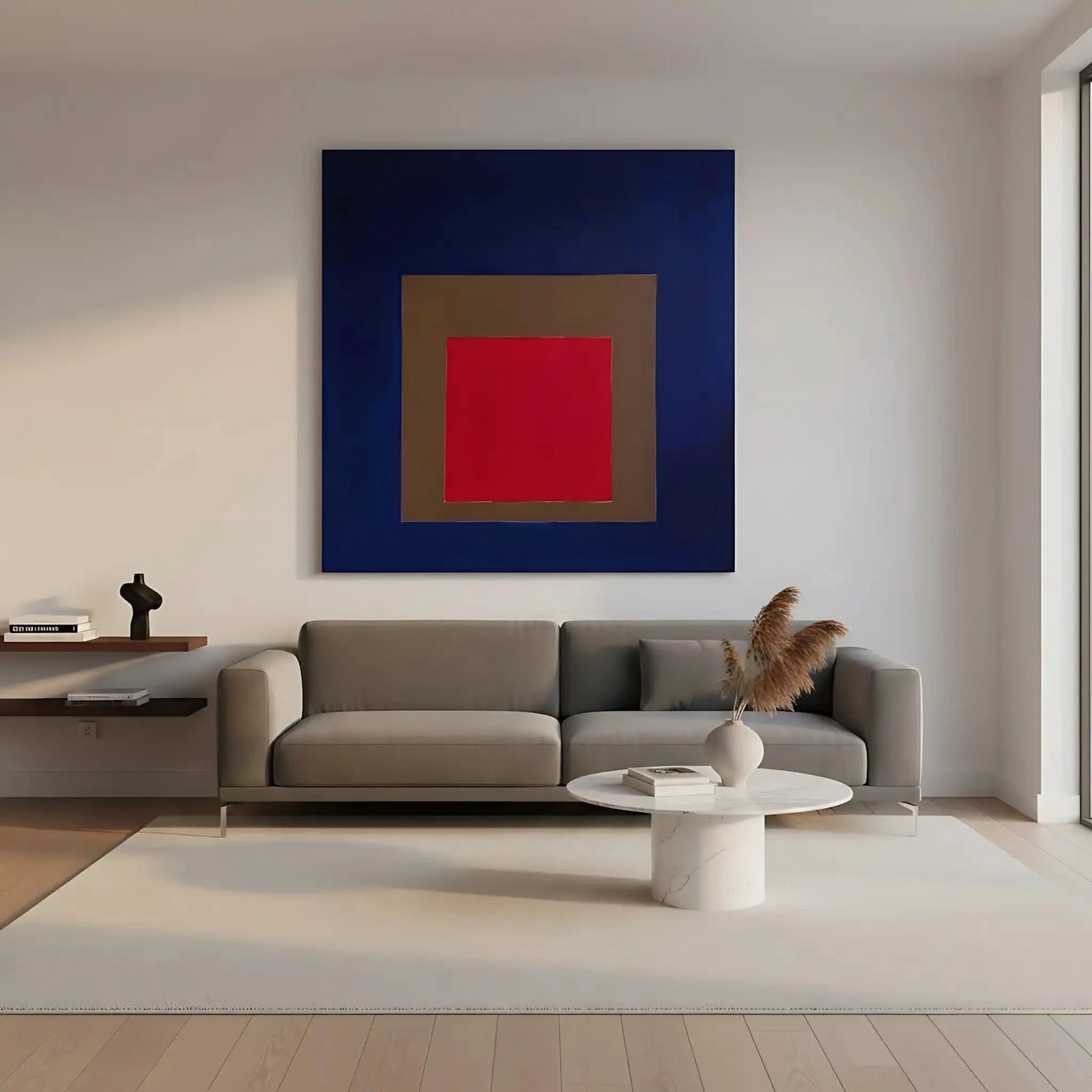 Tableau géométrique avec carré rouge vibrant, encadré de brun et bleu profond, créant une ambiance mystérieuse et captivante.