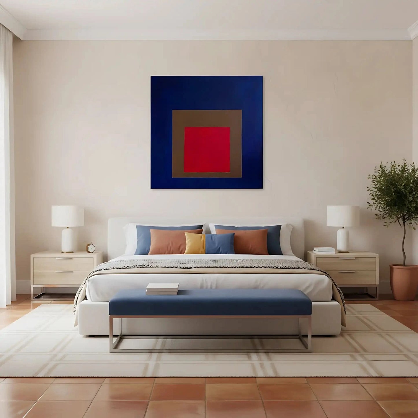 Tableau géométrique avec carré rouge vibrant, encadré de brun et bleu profond, créant une ambiance mystérieuse et captivante.