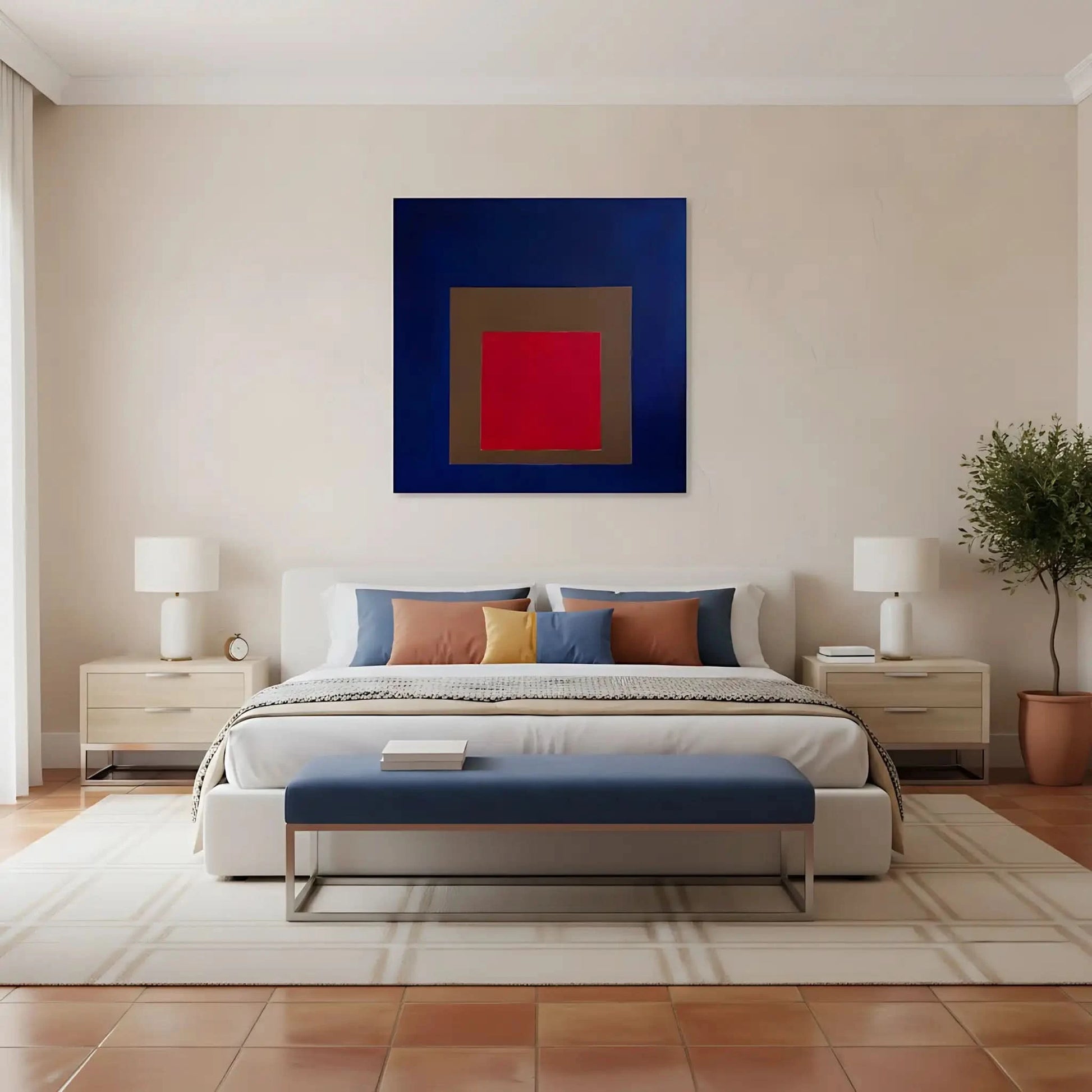 Tableau géométrique avec carré rouge vibrant, encadré de brun et bleu profond, créant une ambiance mystérieuse et captivante.