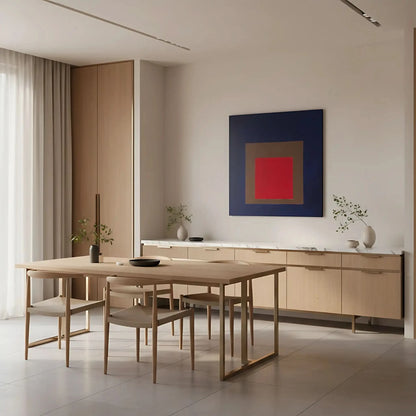 Tableau géométrique avec carré rouge vibrant, encadré de brun et bleu profond, créant une ambiance mystérieuse et captivante.