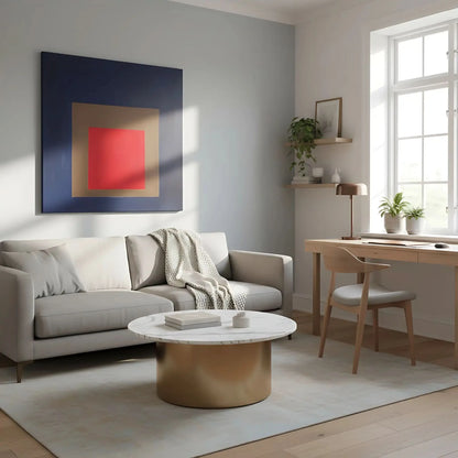 Tableau géométrique avec carré rouge vibrant, encadré de brun et bleu profond, créant une ambiance mystérieuse et captivante.