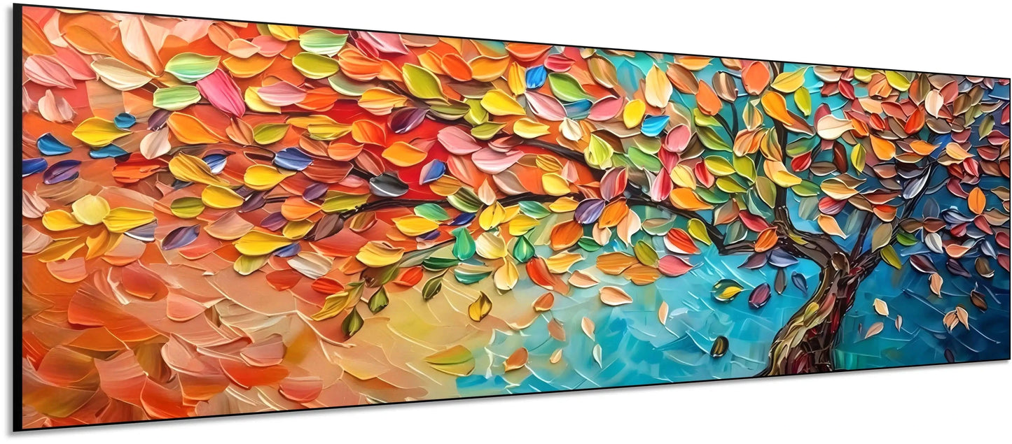 Arbre arc-en-ciel aux feuilles multicolores sur fond turquoise, peinture abstraite vibrant pour un salon joyeux et énergique.