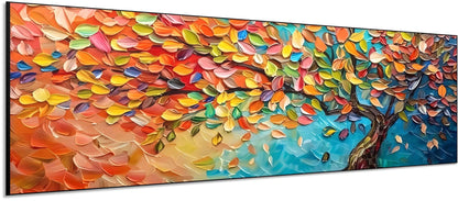 Arbre arc-en-ciel aux feuilles multicolores sur fond turquoise, peinture abstraite vibrant pour un salon joyeux et énergique.