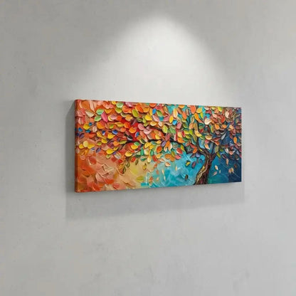 Arbre arc-en-ciel aux feuilles multicolores sur fond turquoise, peinture abstraite vibrant pour un salon joyeux et énergique.
