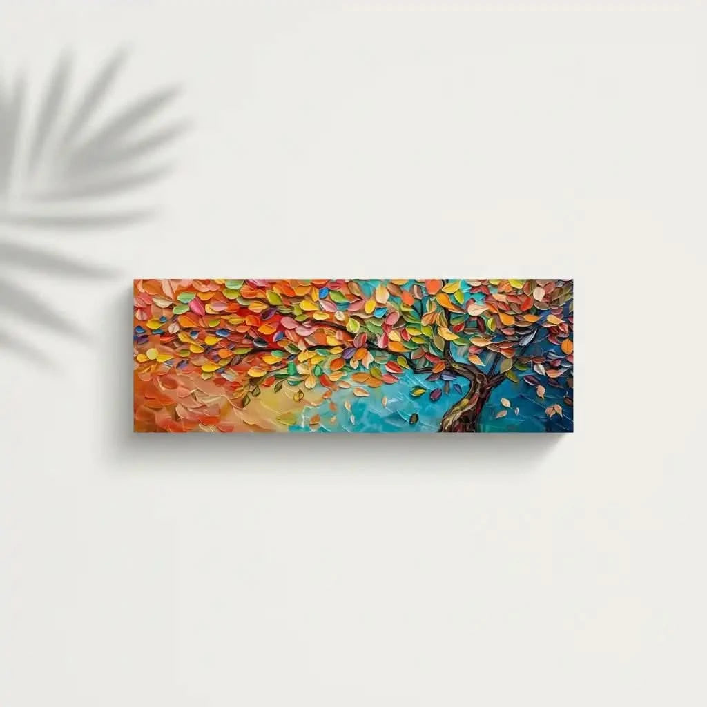 Arbre arc-en-ciel aux feuilles multicolores sur fond turquoise, peinture abstraite vibrant pour un salon joyeux et énergique.