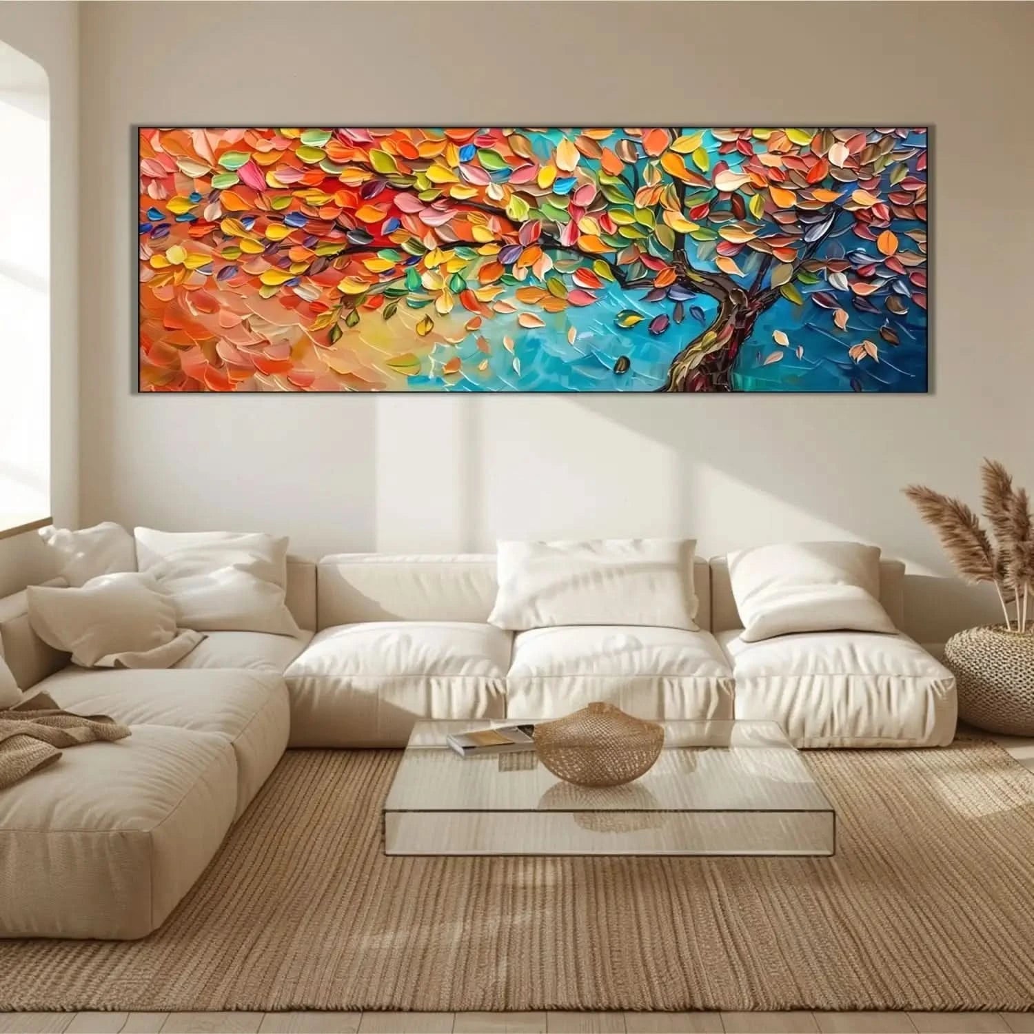 Arbre arc-en-ciel aux feuilles multicolores sur fond turquoise, peinture abstraite vibrant pour un salon joyeux et énergique.