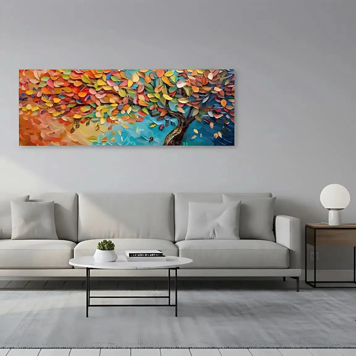 Arbre arc-en-ciel aux feuilles multicolores sur fond turquoise, peinture abstraite vibrant pour un salon joyeux et énergique.