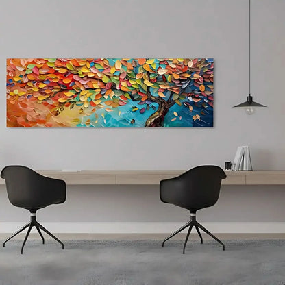 Arbre arc-en-ciel aux feuilles multicolores sur fond turquoise, peinture abstraite vibrant pour un salon joyeux et énergique.