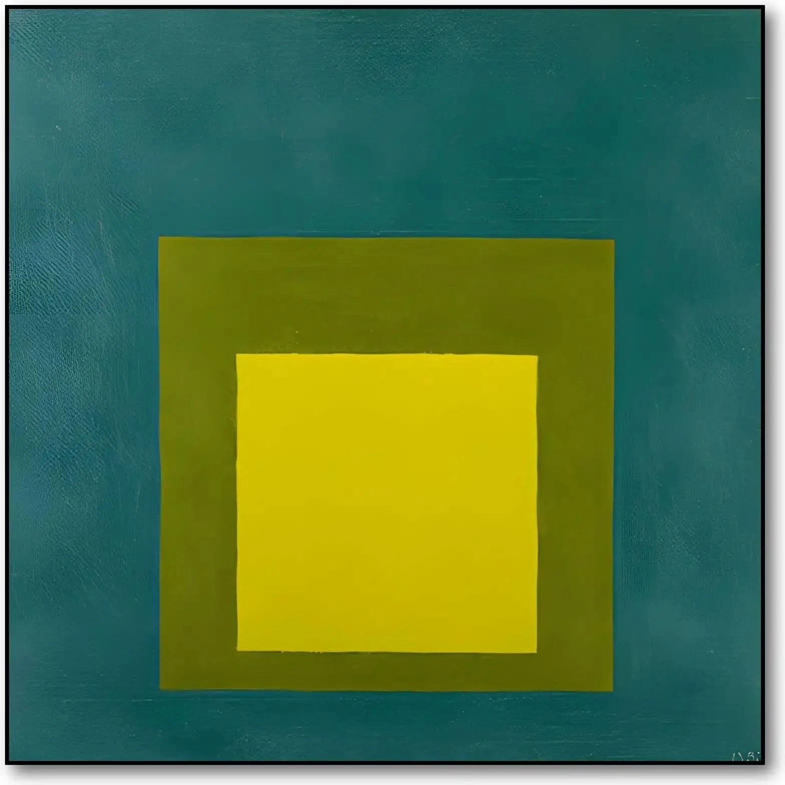 Peinture minimaliste avec carré jaune vif, entouré de vert olive et bleu émeraude, ambiance sereine pour salon moderne.