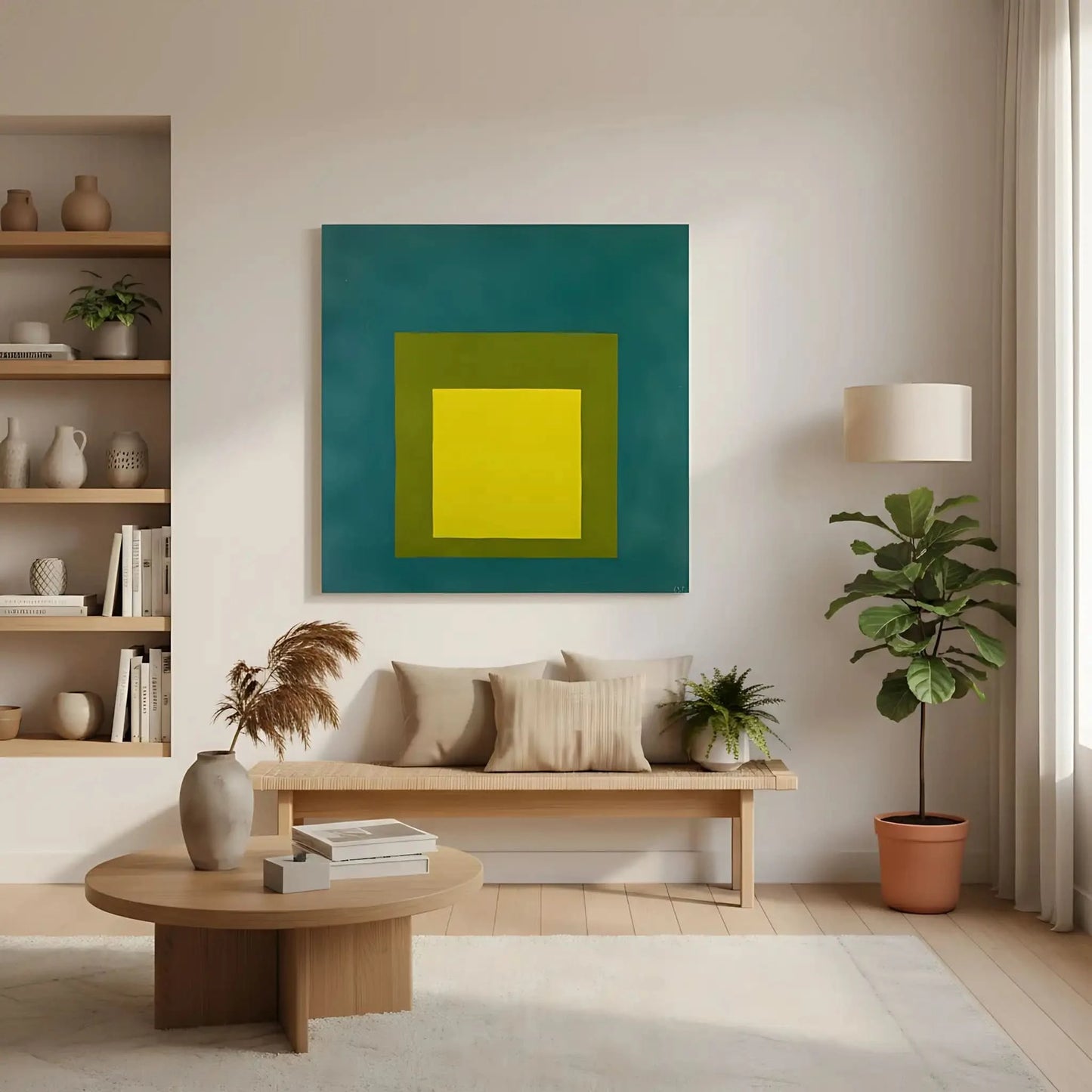 Peinture minimaliste avec carré jaune vif, entouré de vert olive et bleu émeraude, ambiance sereine pour salon moderne.