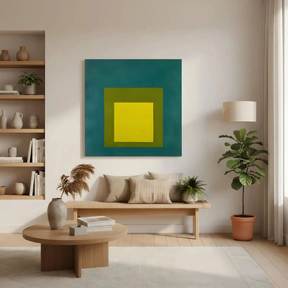 Peinture minimaliste avec carré jaune vif, entouré de vert olive et bleu émeraude, ambiance sereine pour salon moderne.