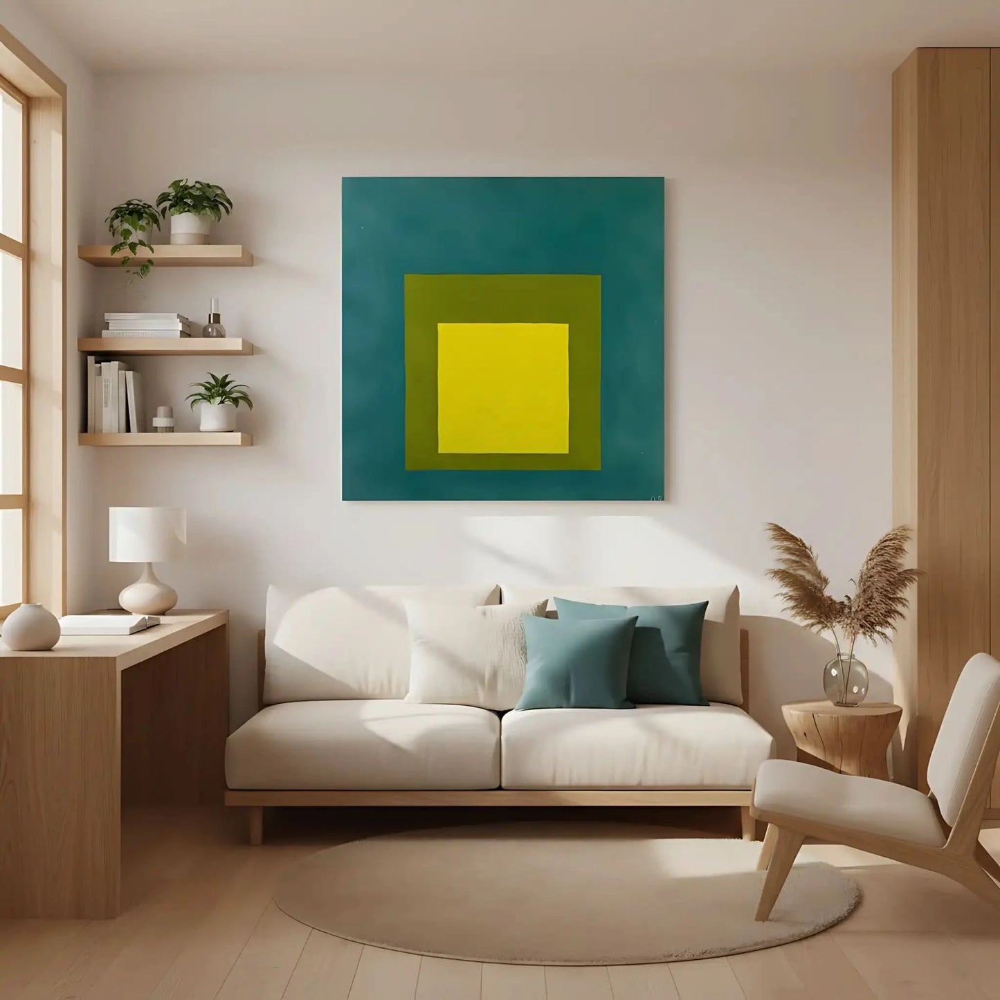 Peinture minimaliste avec carré jaune vif, entouré de vert olive et bleu émeraude, ambiance sereine pour salon moderne.