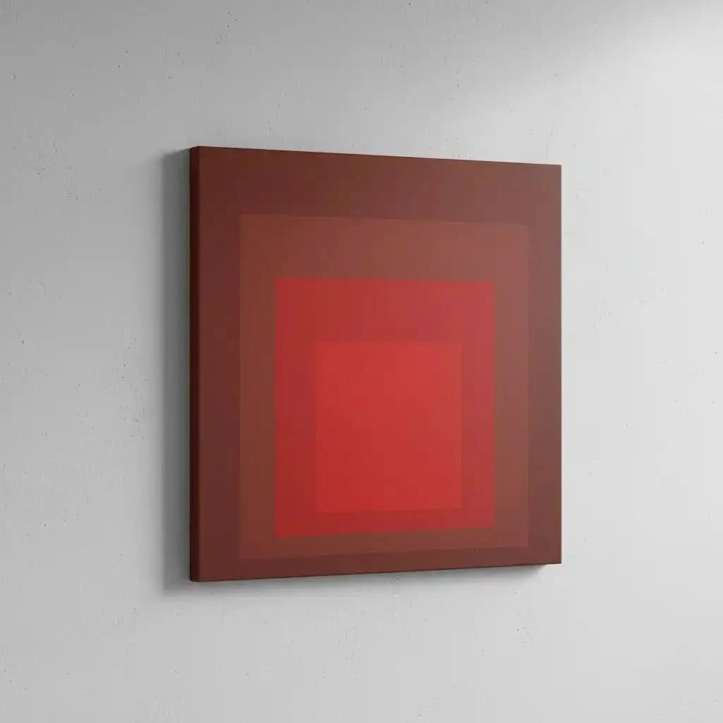 Tableau minimaliste avec carrés rouges imbriqués, rouge intense, ambiance captivante pour salon moderne ou bureau.