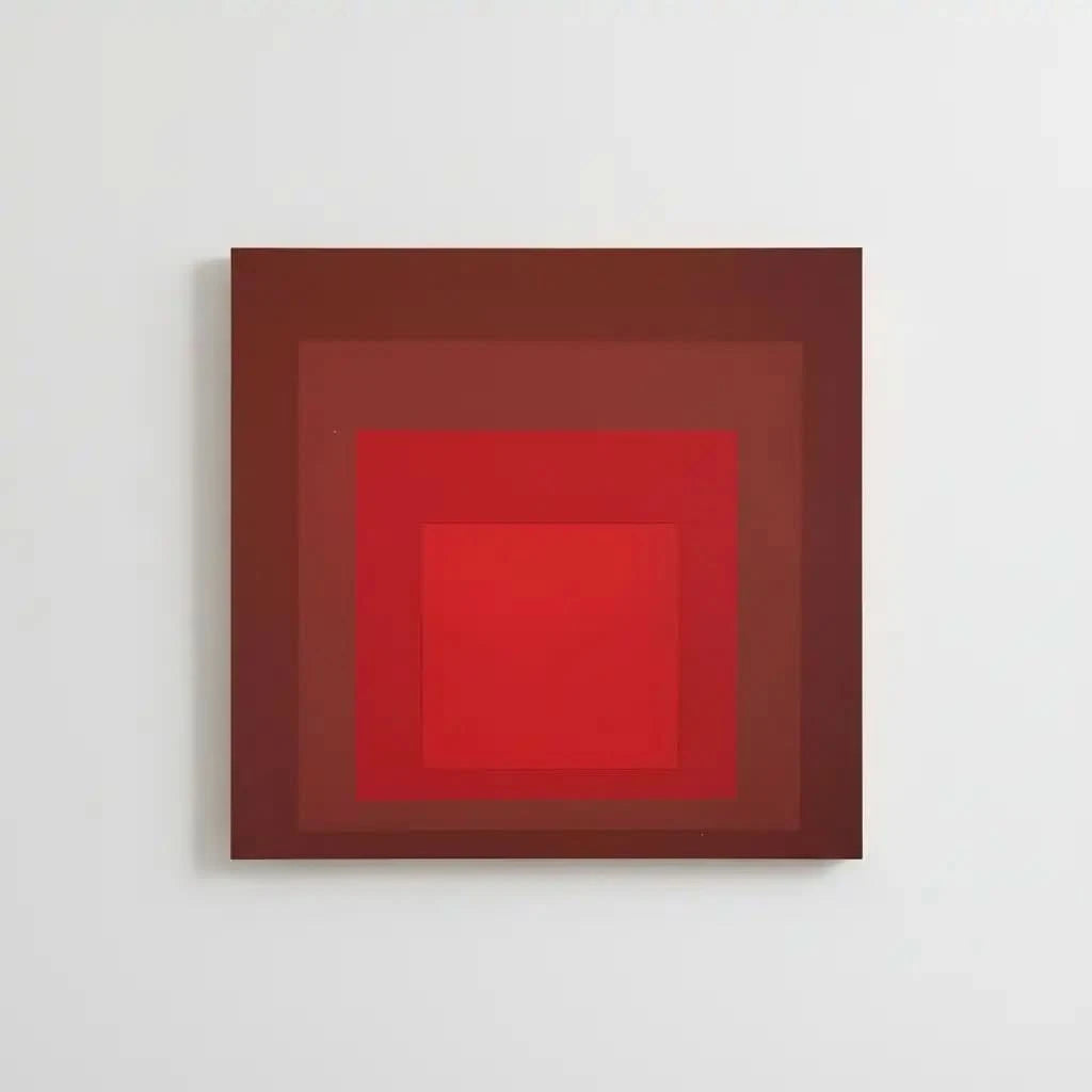 Tableau minimaliste avec carrés rouges imbriqués, rouge intense, ambiance captivante pour salon moderne ou bureau.