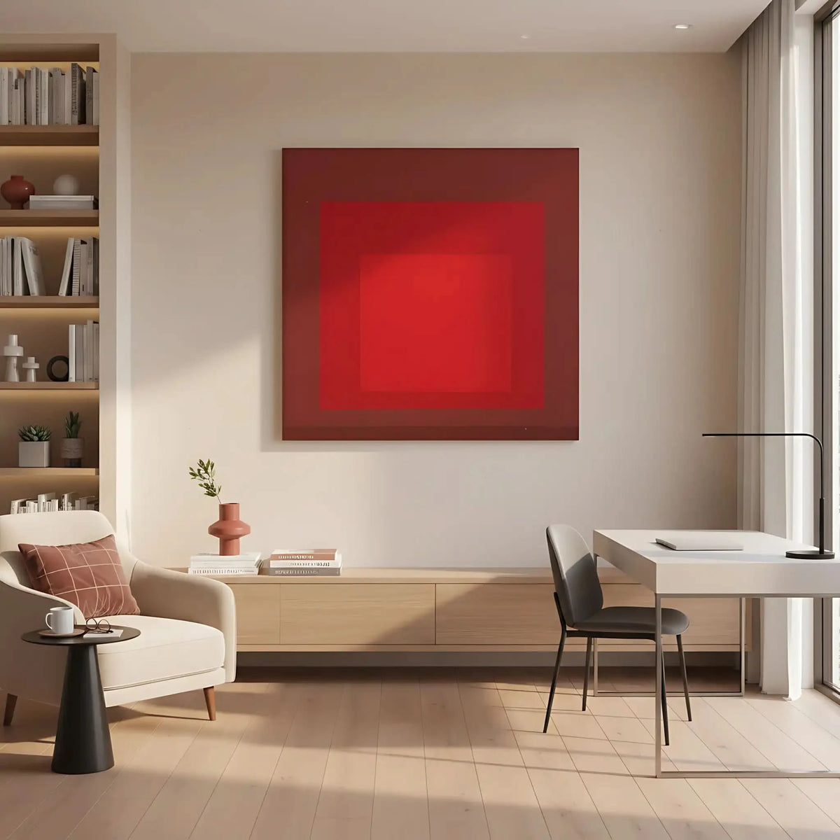 Tableau minimaliste avec carrés rouges imbriqués, rouge intense, ambiance captivante pour salon moderne ou bureau.