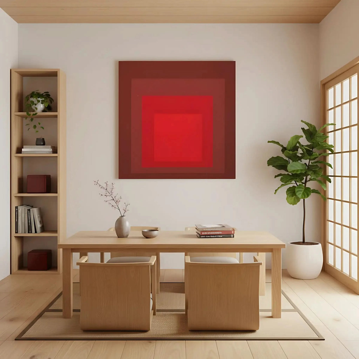 Tableau minimaliste avec carrés rouges imbriqués, rouge intense, ambiance captivante pour salon moderne ou bureau.