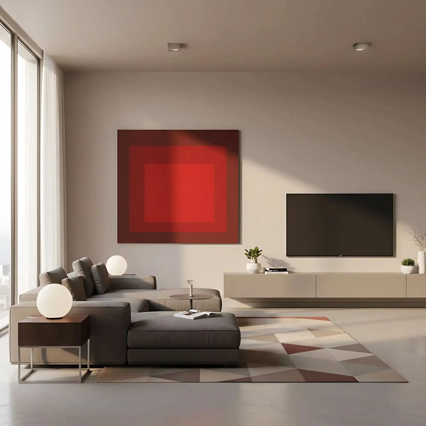 Tableau minimaliste avec carrés rouges imbriqués, rouge intense, ambiance captivante pour salon moderne ou bureau.