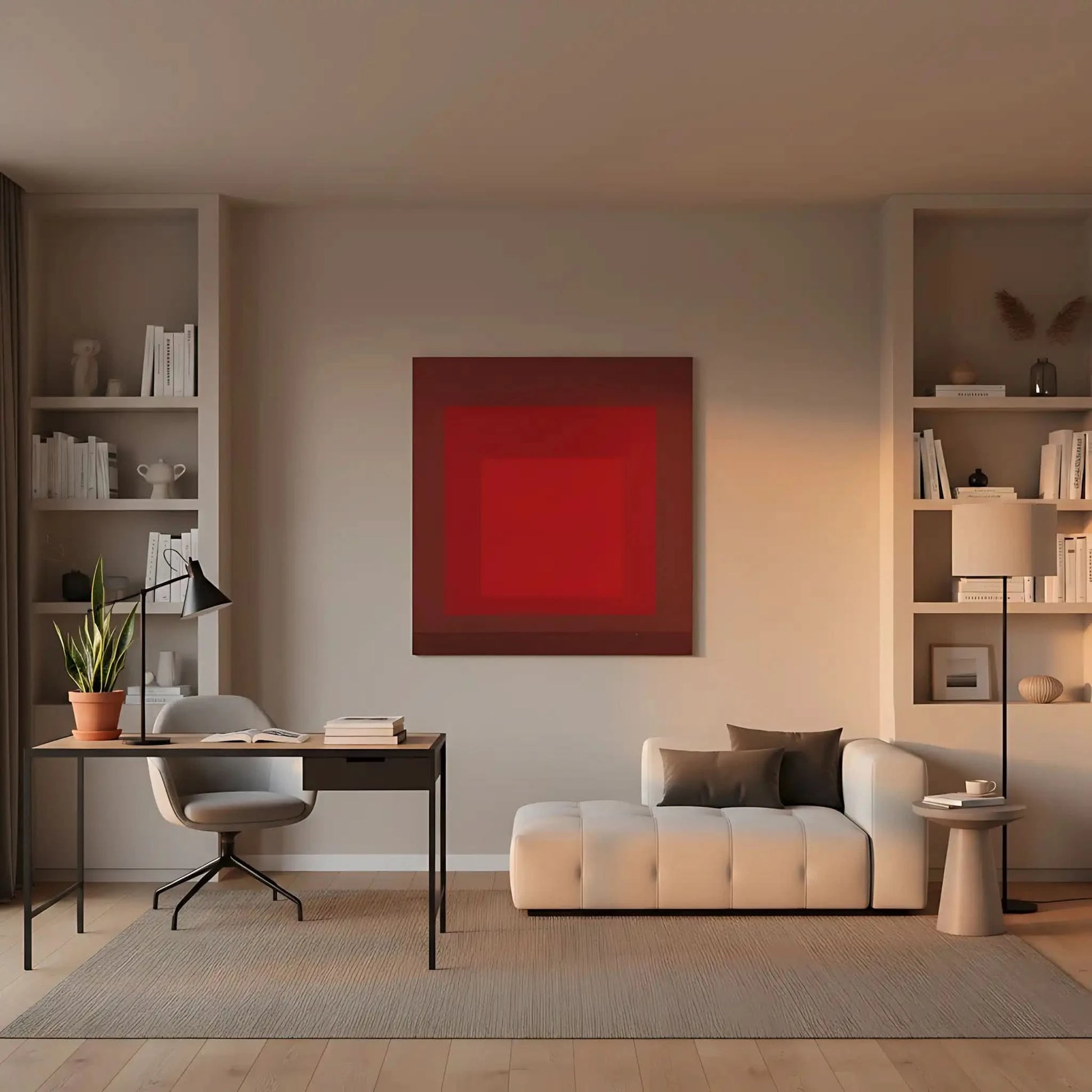 Tableau minimaliste avec carrés rouges imbriqués, rouge intense, ambiance captivante pour salon moderne ou bureau.