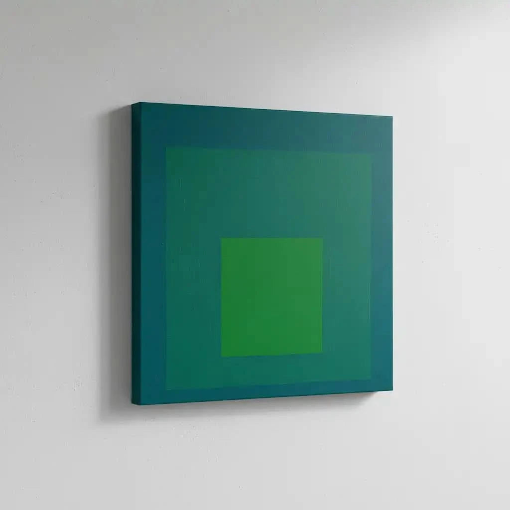 Tableau minimaliste avec carrés concentriques en vert émeraude et bleu profond, ambiance calme et équilibrée pour bureau mode