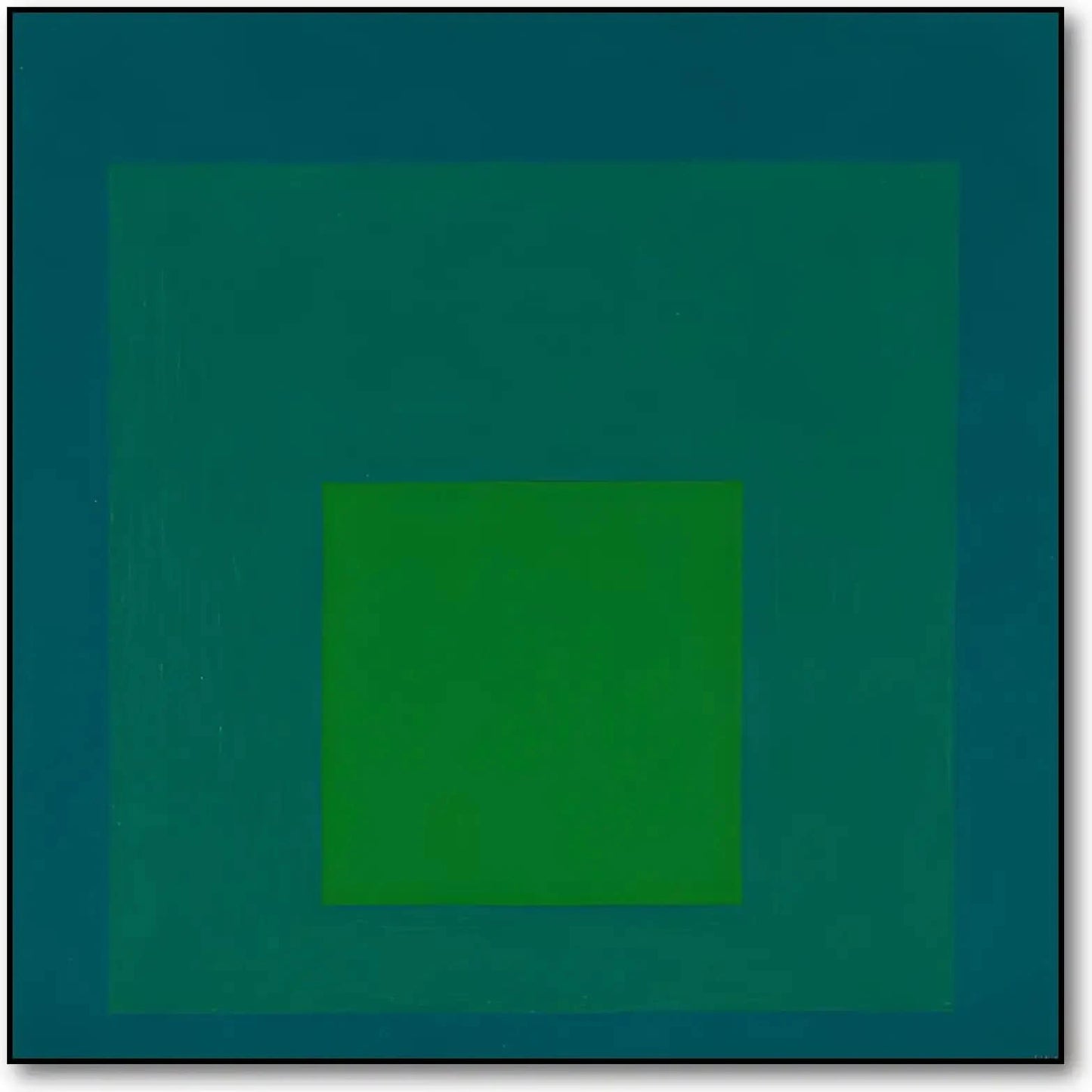 Tableau minimaliste avec carrés concentriques en vert émeraude et bleu profond, ambiance calme et équilibrée pour bureau mode
