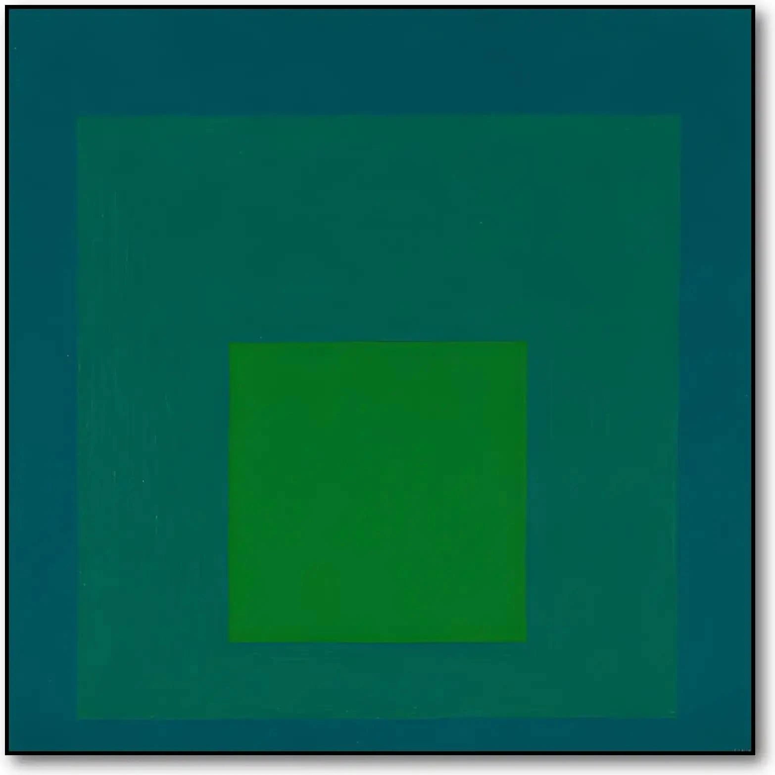 Tableau minimaliste avec carrés concentriques en vert émeraude et bleu profond, ambiance calme et équilibrée pour bureau mode