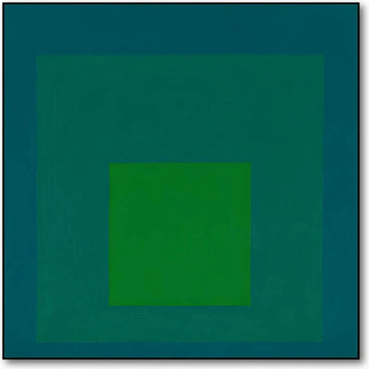 Tableau minimaliste avec carrés concentriques en vert émeraude et bleu profond, ambiance calme et équilibrée pour bureau mode