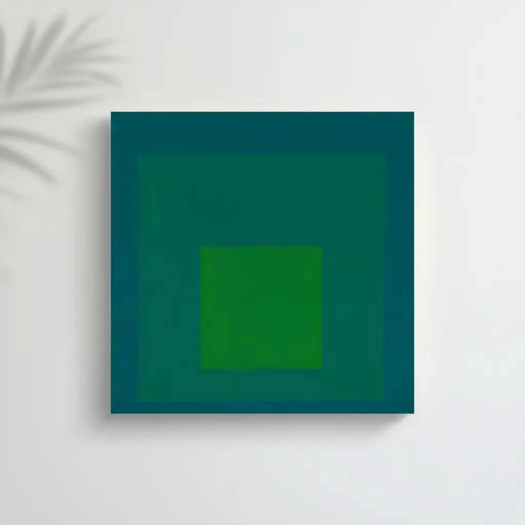 Tableau minimaliste avec carrés concentriques en vert émeraude et bleu profond, ambiance calme et équilibrée pour bureau mode
