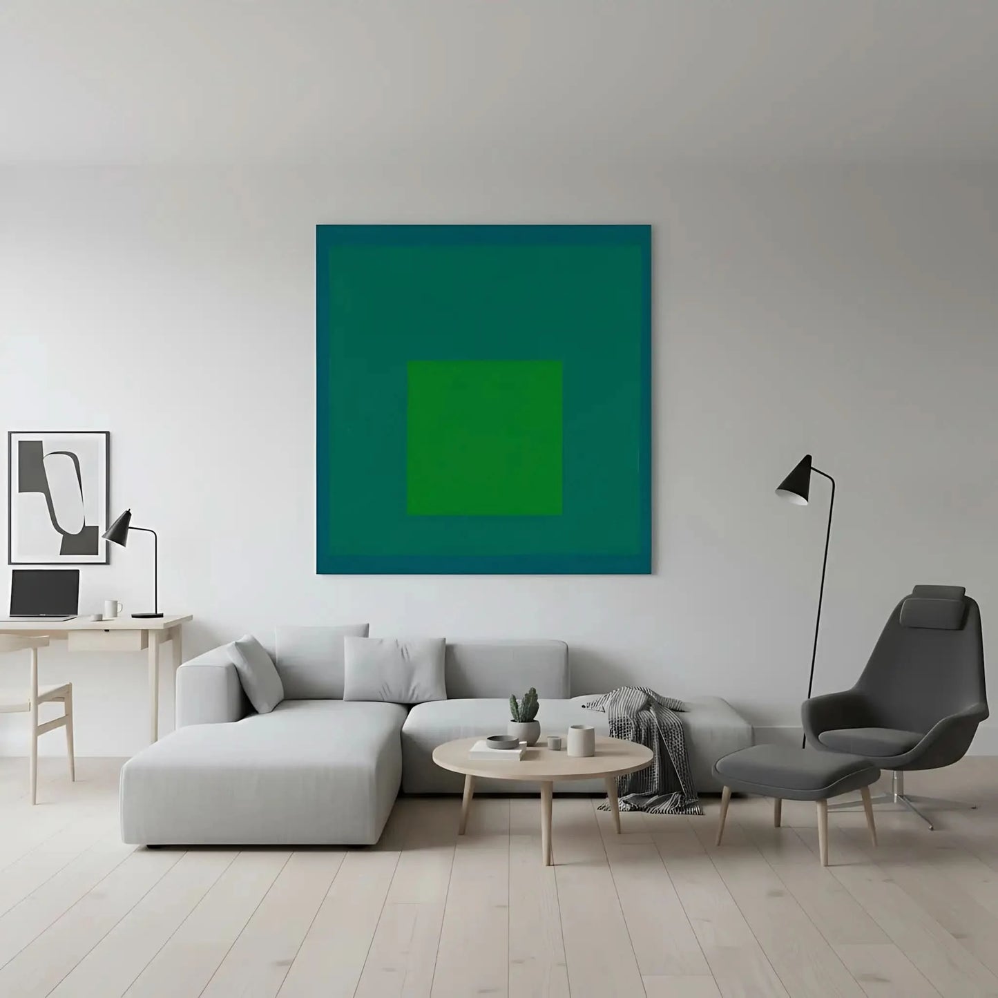 Tableau minimaliste avec carrés concentriques en vert émeraude et bleu profond, ambiance calme et équilibrée pour bureau mode
