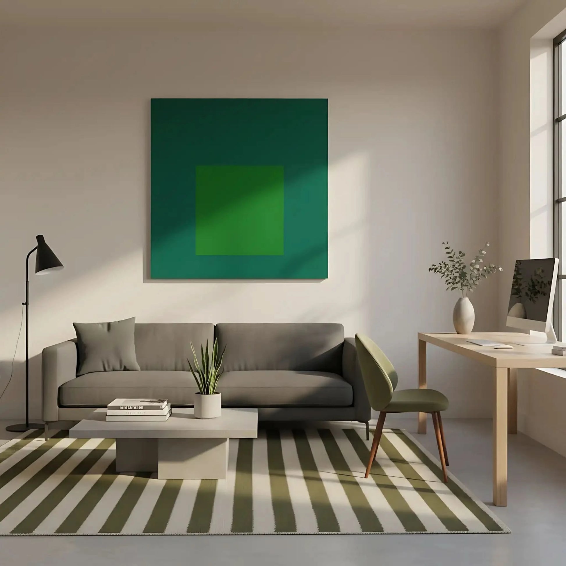 Tableau minimaliste avec carrés concentriques en vert émeraude et bleu profond, ambiance calme et équilibrée pour bureau mode