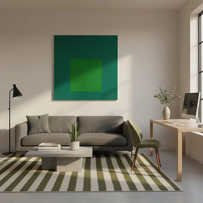 Tableau minimaliste avec carrés concentriques en vert émeraude et bleu profond, ambiance calme et équilibrée pour bureau mode