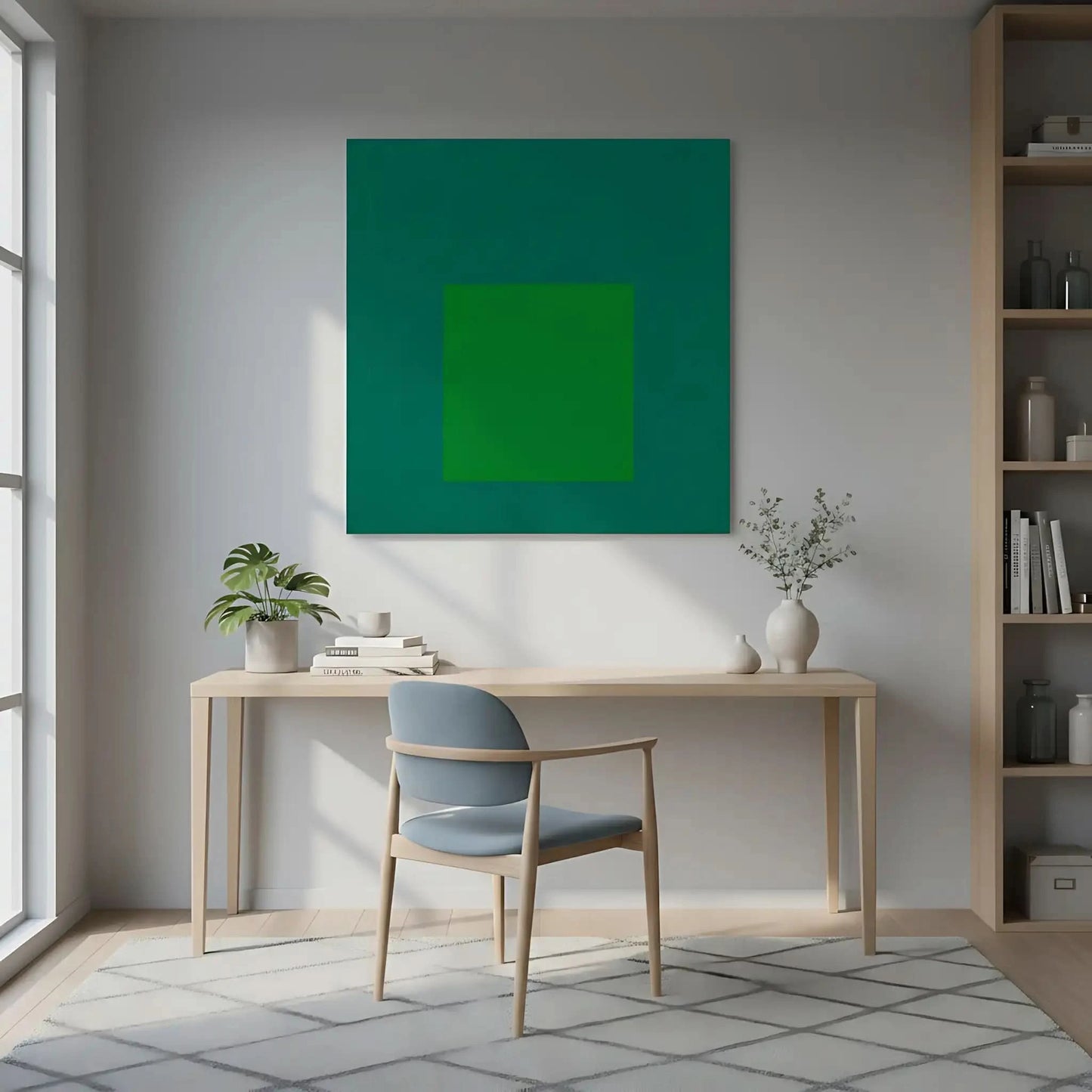 Tableau minimaliste avec carrés concentriques en vert émeraude et bleu profond, ambiance calme et équilibrée pour bureau mode
