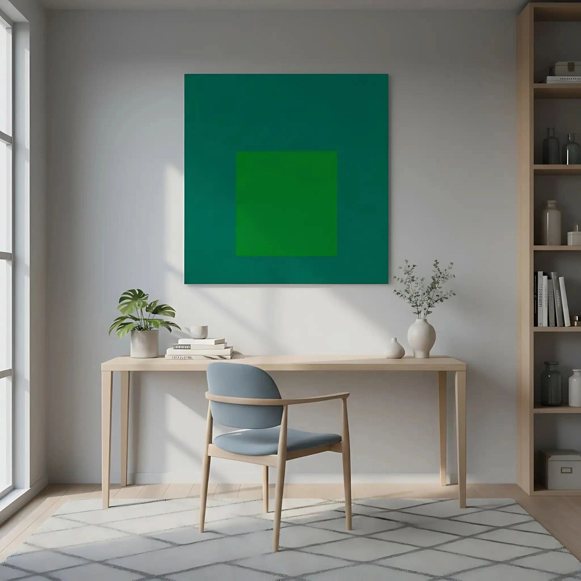 Tableau minimaliste avec carrés concentriques en vert émeraude et bleu profond, ambiance calme et équilibrée pour bureau mode