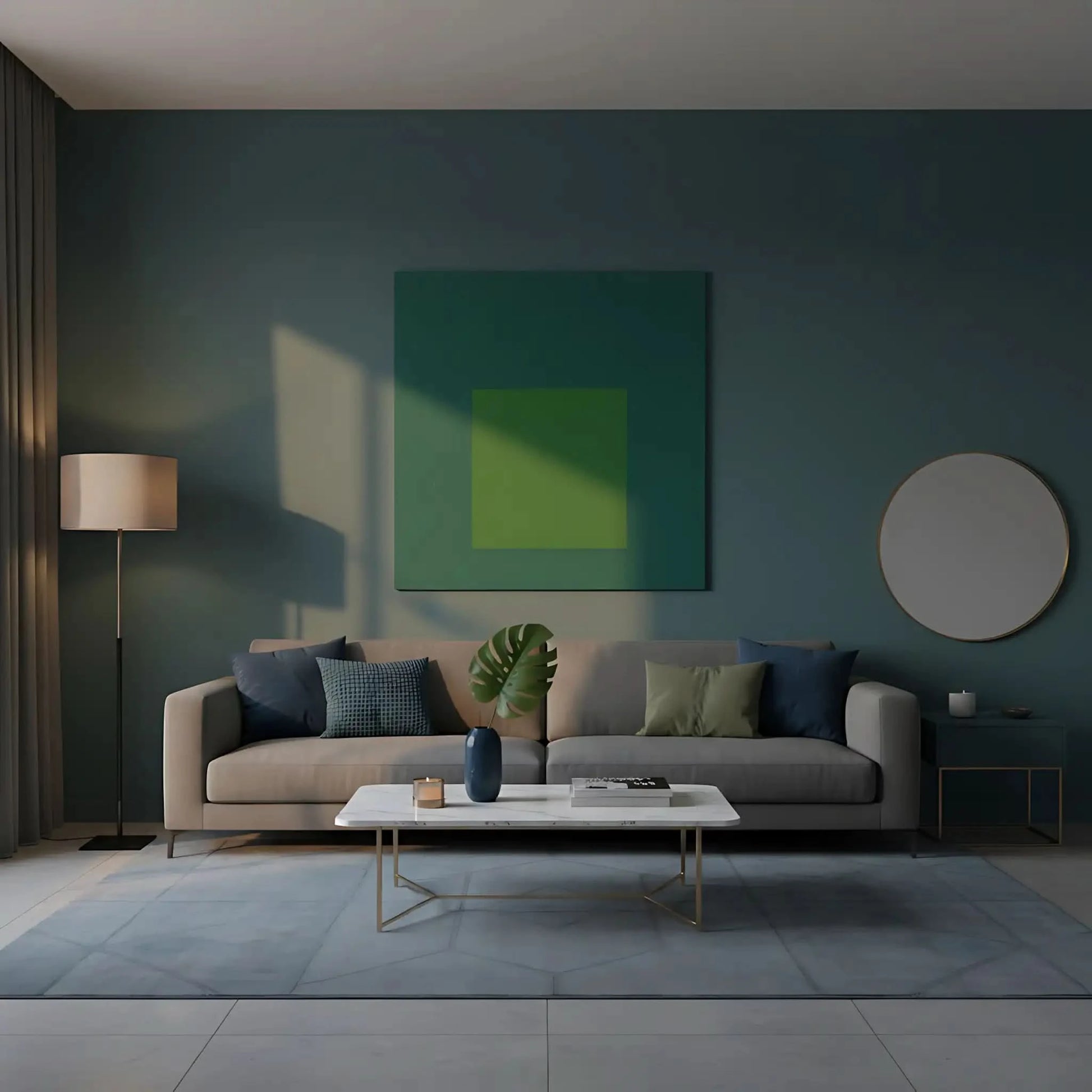 Tableau minimaliste avec carrés concentriques en vert émeraude et bleu profond, ambiance calme et équilibrée pour bureau mode