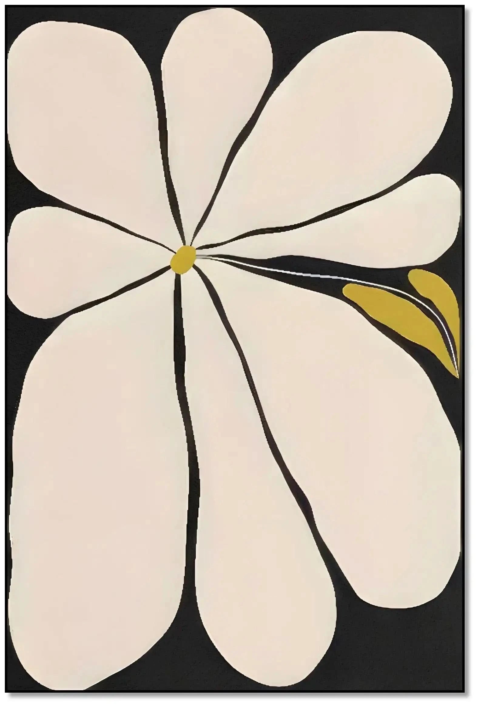 Tableau minimaliste avec fleur blanche sur fond noir, touches de jaune, ambiance sereine pour salon ou chambre moderne.