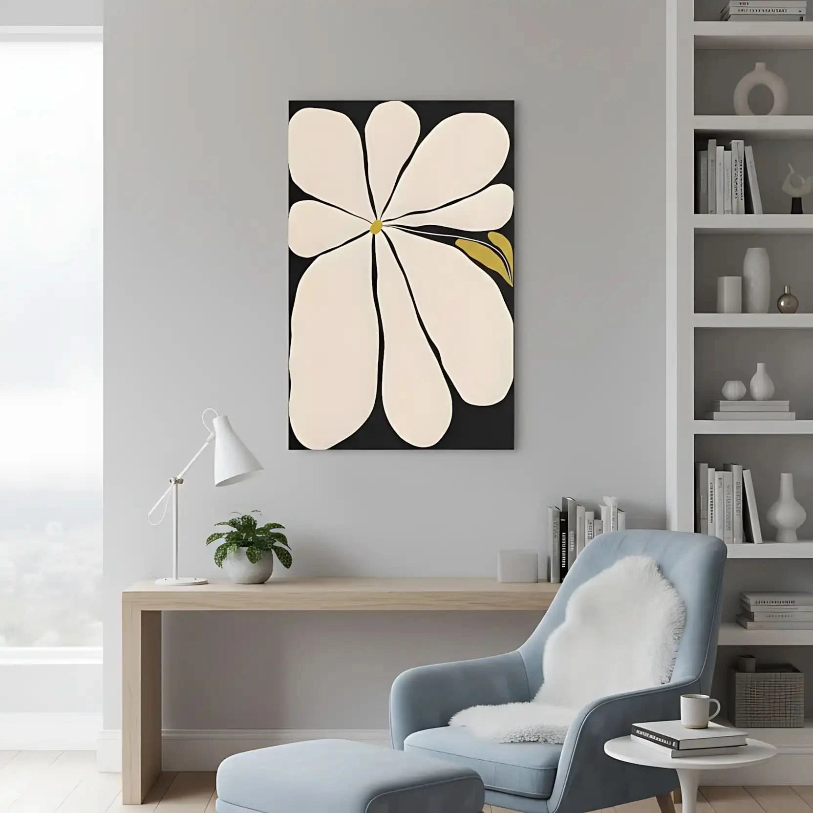 Tableau minimaliste avec fleur blanche sur fond noir, touches de jaune, ambiance sereine pour salon ou chambre moderne.