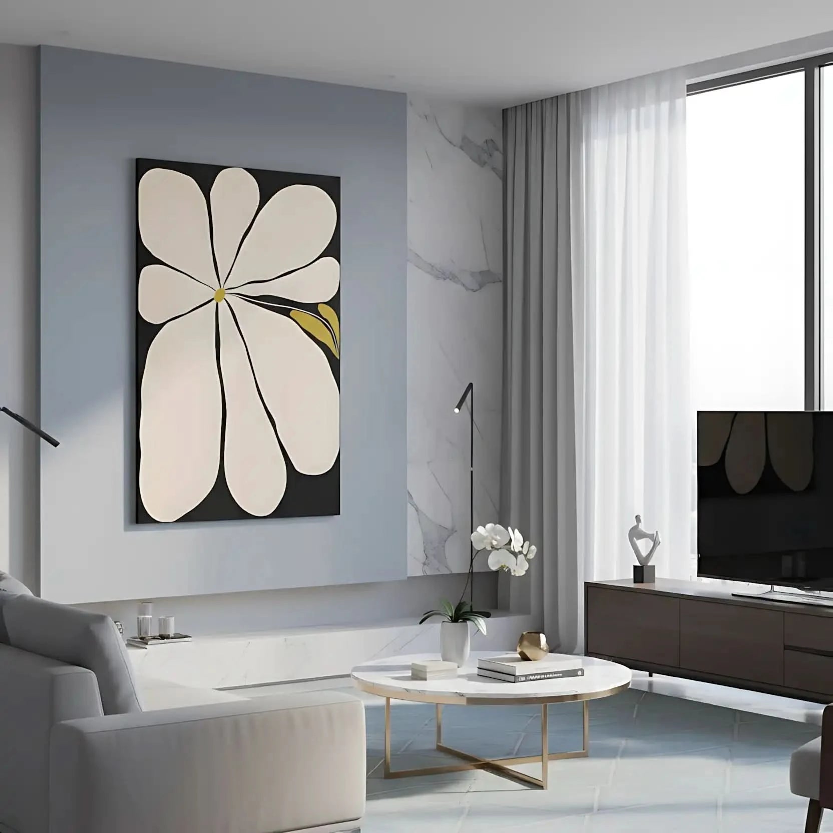 Tableau minimaliste avec fleur blanche sur fond noir, touches de jaune, ambiance sereine pour salon ou chambre moderne.