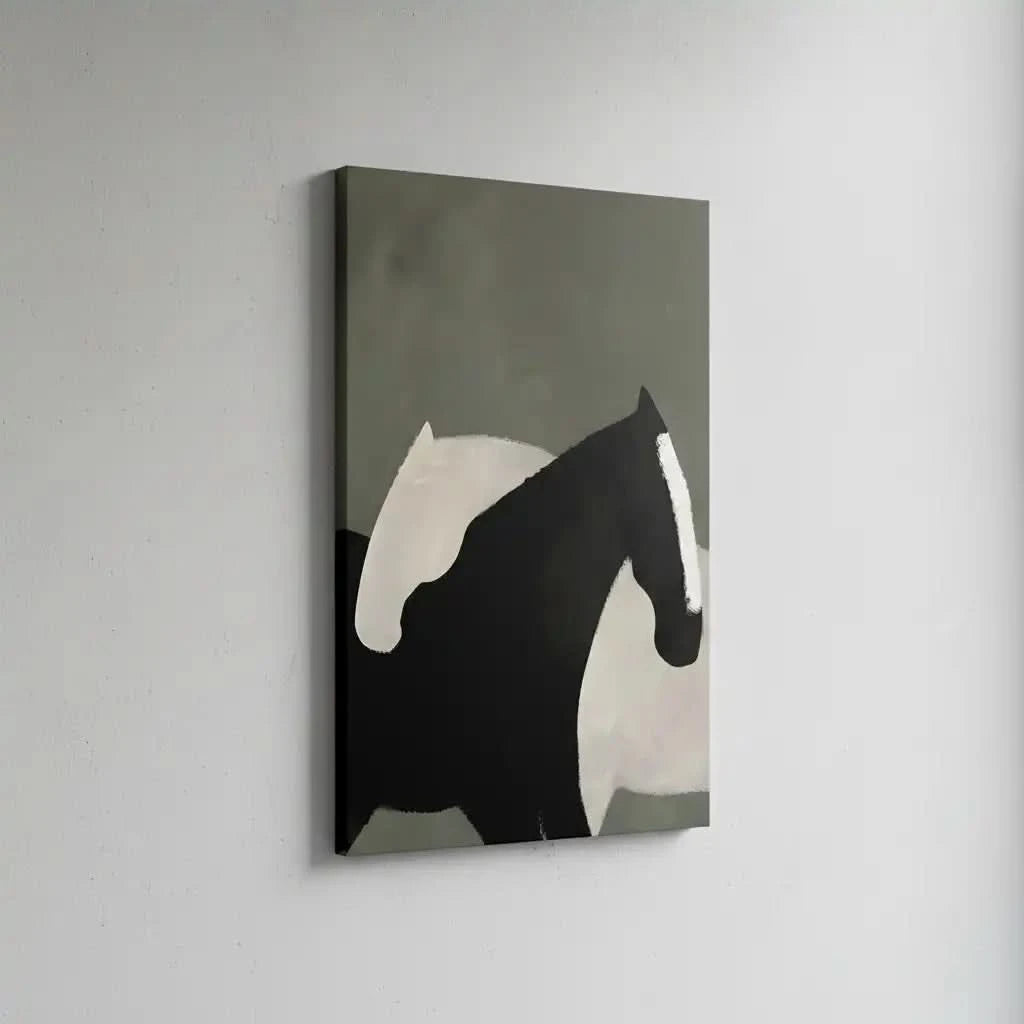 Deux chevaux stylisés en noir et blanc, contraste saisissant, harmonie parfaite, idéal pour salon moderne ou bureau.