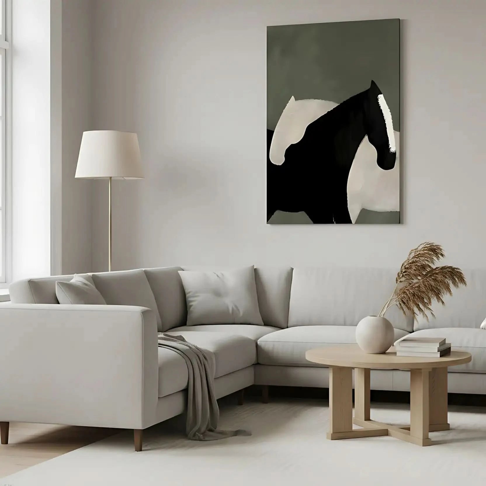 Deux chevaux stylisés en noir et blanc, contraste saisissant, harmonie parfaite, idéal pour salon moderne ou bureau.