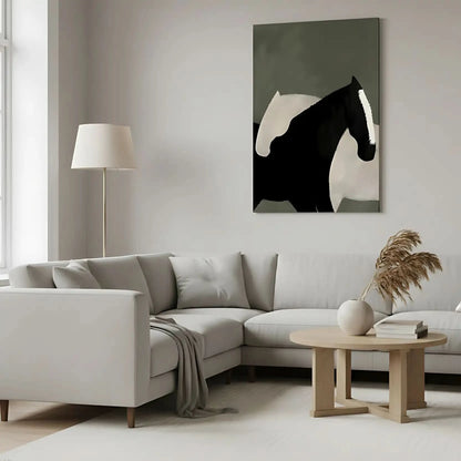 Deux chevaux stylisés en noir et blanc, contraste saisissant, harmonie parfaite, idéal pour salon moderne ou bureau.