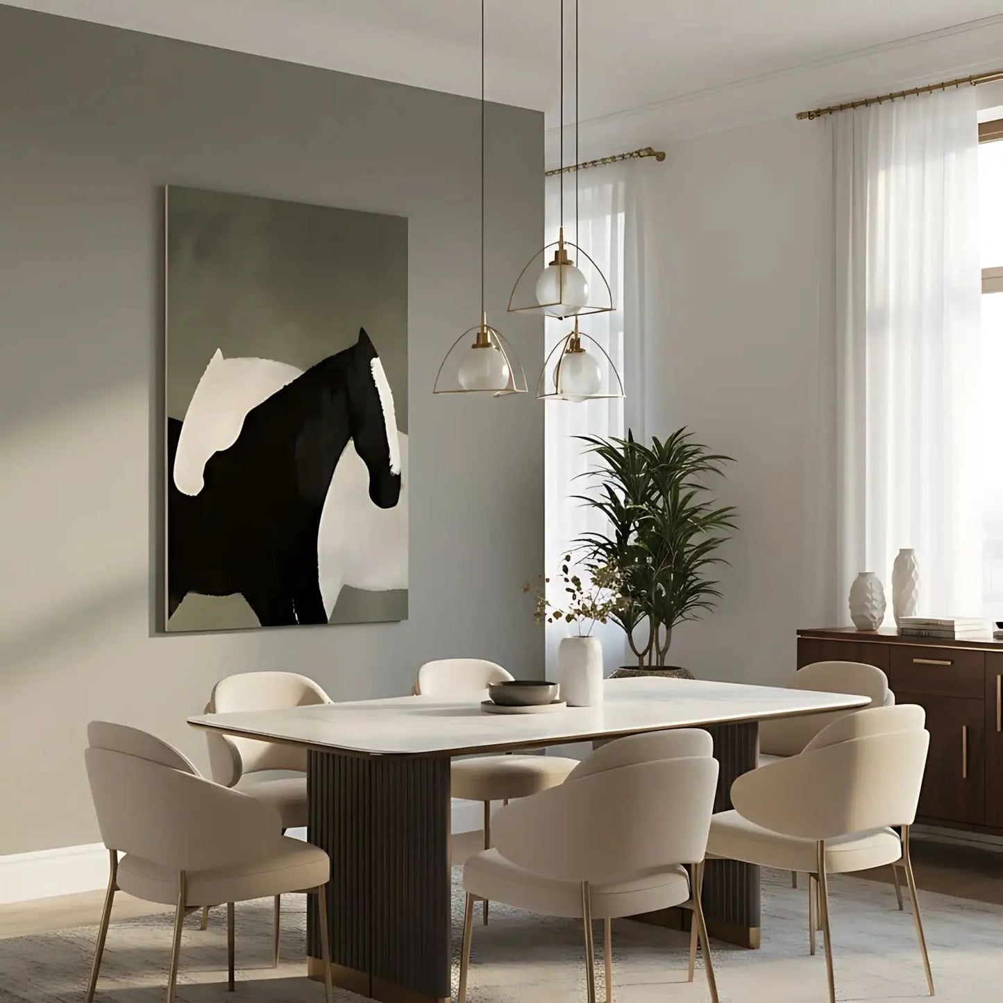 Deux chevaux stylisés en noir et blanc, contraste saisissant, harmonie parfaite, idéal pour salon moderne ou bureau.