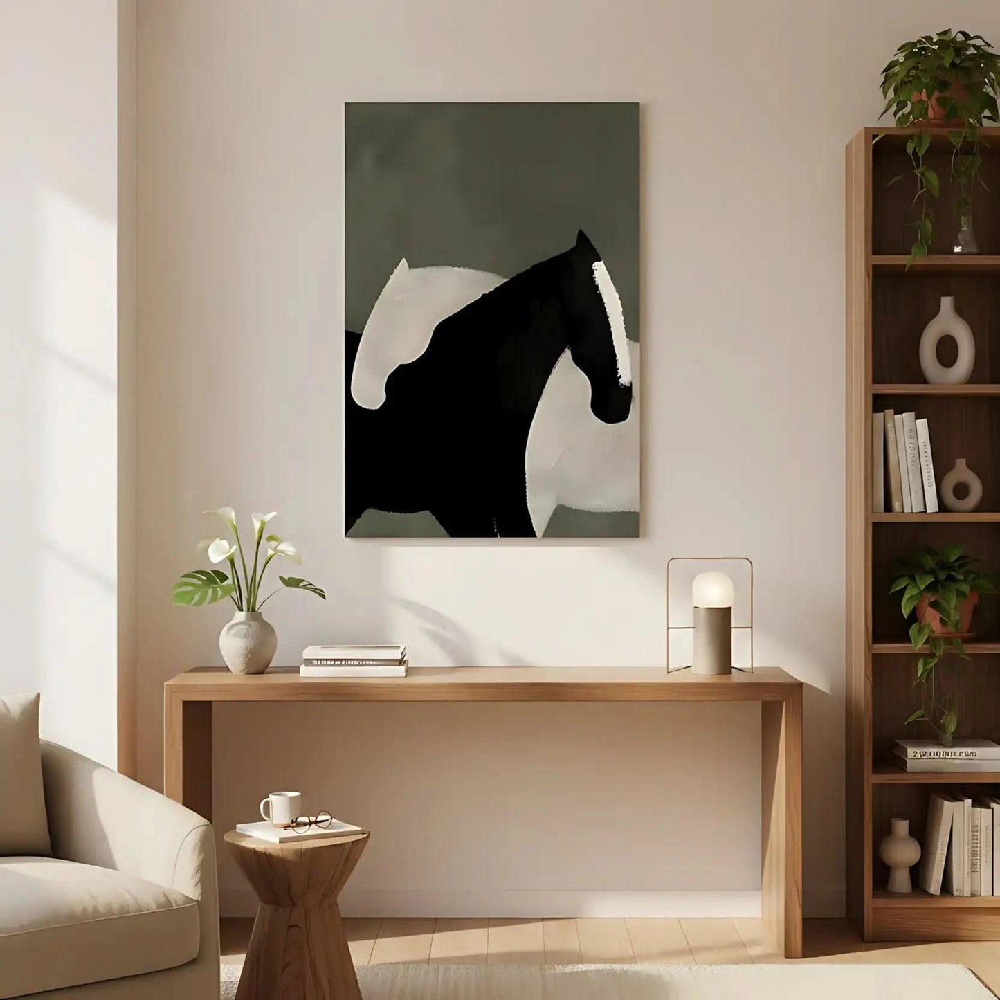 Deux chevaux stylisés en noir et blanc, contraste saisissant, harmonie parfaite, idéal pour salon moderne ou bureau.