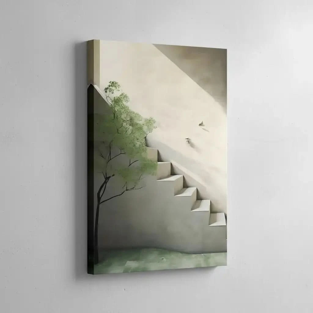 Peinture minimaliste avec escalier lumineux et arbre vert, ambiance sereine et apaisante pour salon ou bureau.