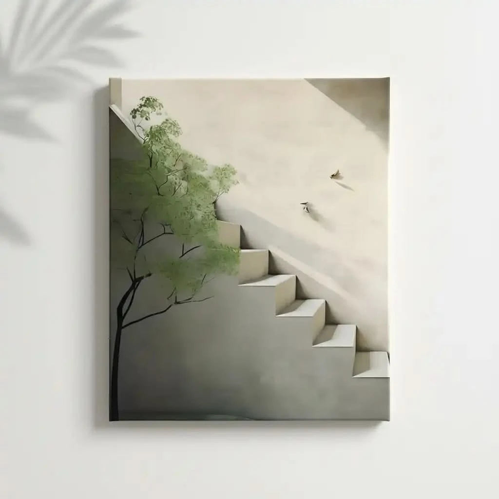 Peinture minimaliste avec escalier lumineux et arbre vert, ambiance sereine et apaisante pour salon ou bureau.