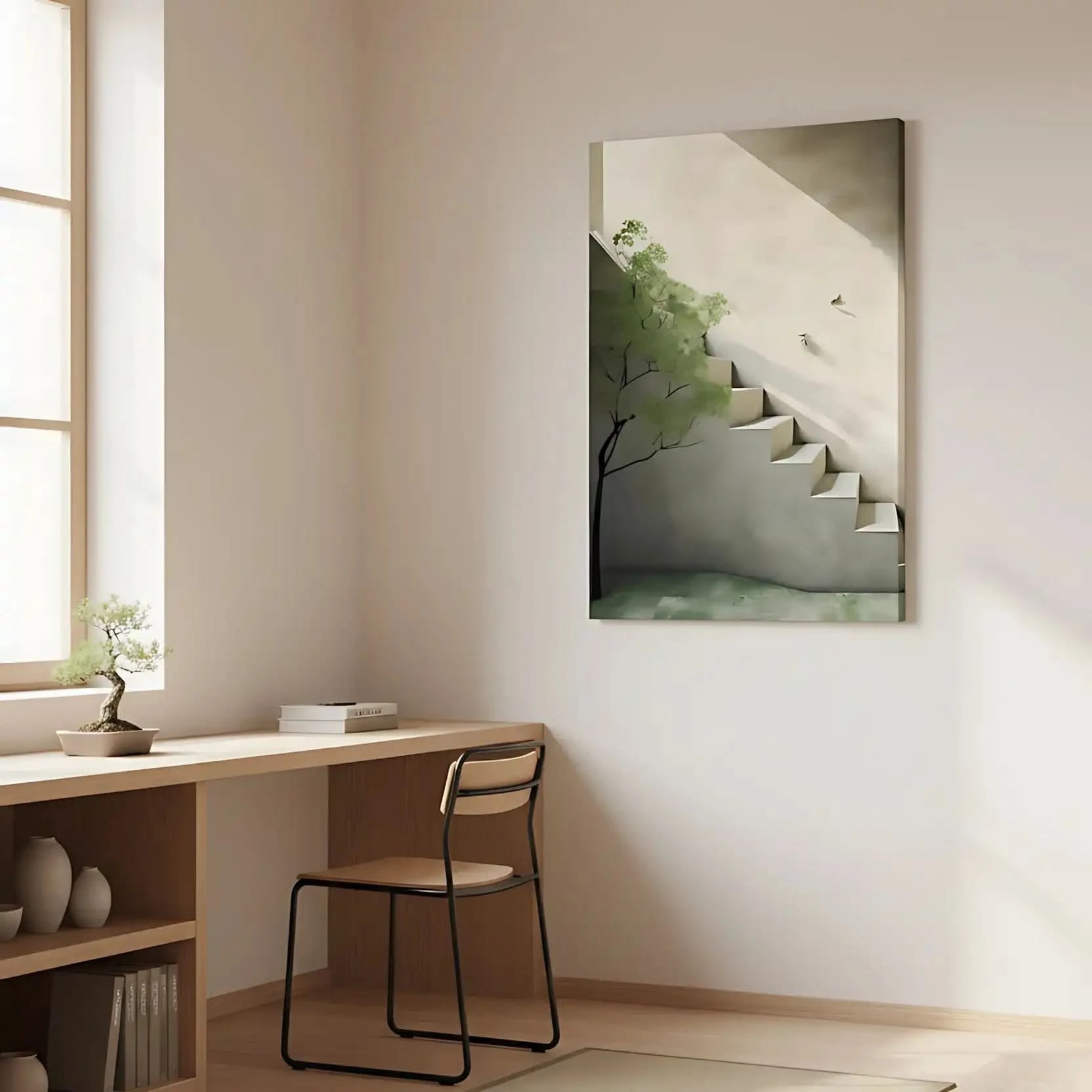 Peinture minimaliste avec escalier lumineux et arbre vert, ambiance sereine et apaisante pour salon ou bureau.