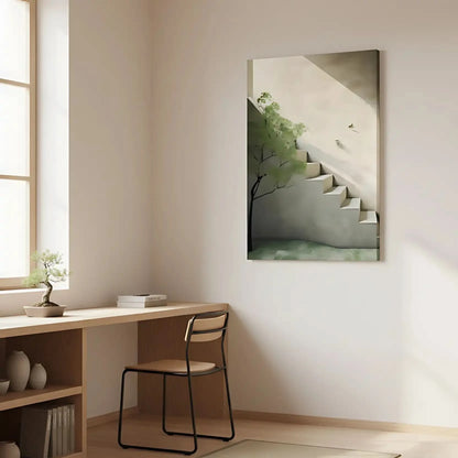Peinture minimaliste avec escalier lumineux et arbre vert, ambiance sereine et apaisante pour salon ou bureau.