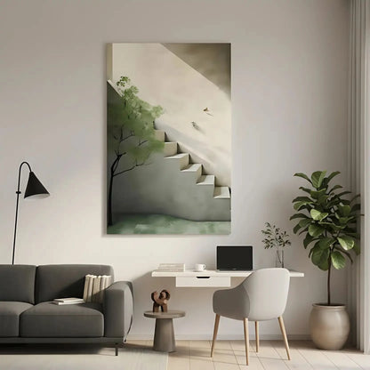 Peinture minimaliste avec escalier lumineux et arbre vert, ambiance sereine et apaisante pour salon ou bureau.