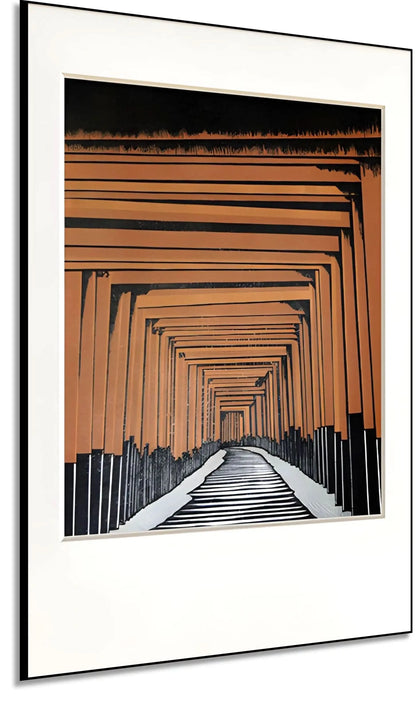 Tableau géométrique avec portails orange et noir, perspective infinie, ambiance mystérieuse pour bureau ou salon moderne.