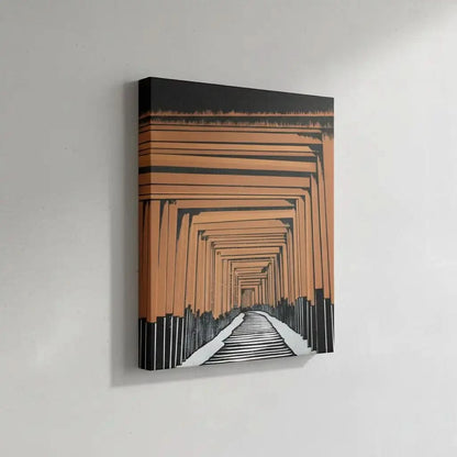 Tableau géométrique avec portails orange et noir, perspective infinie, ambiance mystérieuse pour bureau ou salon moderne.