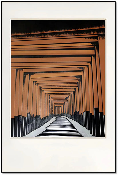 Tableau géométrique avec portails orange et noir, perspective infinie, ambiance mystérieuse pour bureau ou salon moderne.